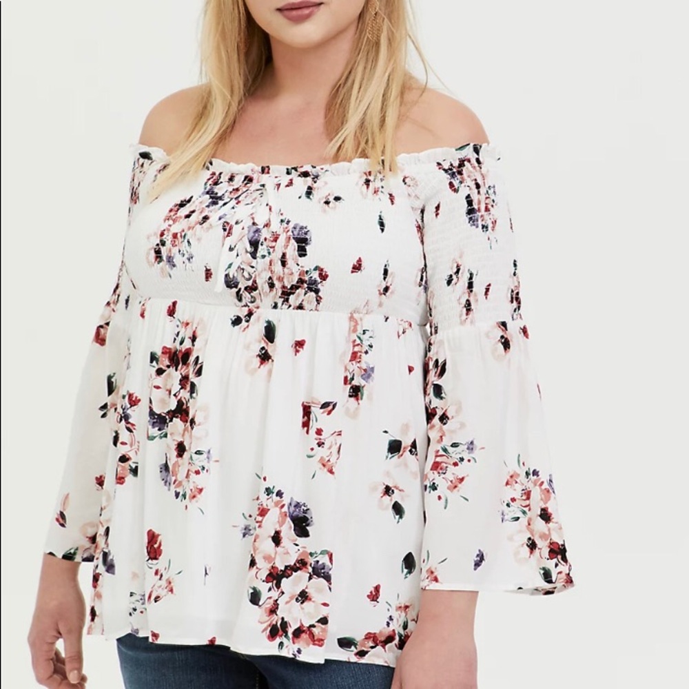 Black Floral Challis Off-Shoulder Babydoll Tunic